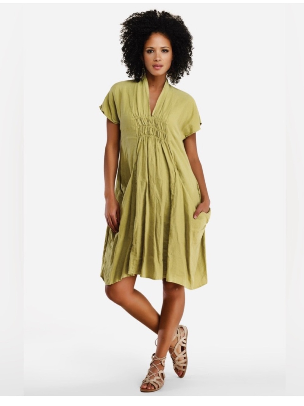 Luna Luz Linen Midi Pocket Dress Large Smocked Lagenlook Boho Artsy Natural